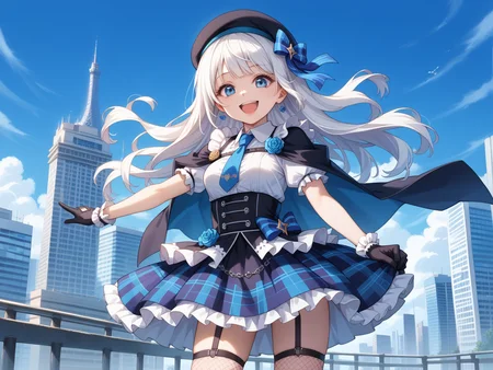 score_9, score_8_up, score_7_up,
masterpiece, best quality,
1girl, solo, gothic drress, Idol costume, blue and white theme, white blouse, white collar, tie, open short-cape, short sleeve, blue tartan-check pattern (ruffle-skirt, multilayer-skirt), white basque-beret with ribbon, Fishnet stockings, glove, happy smile, laugh, open mouth, standing, cowboy shot, cityscape in tokyo, ultra detailed background, blue sky, bay side, panorama view, medium breasts, white hair, blue eyes