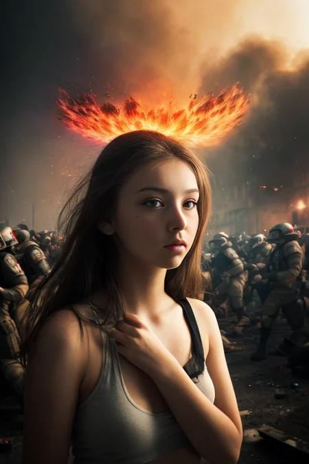 A up angle portrait photo of a beautiful girl, background shows war, fire, riots, people, running, chaos, halo, smoke, lights