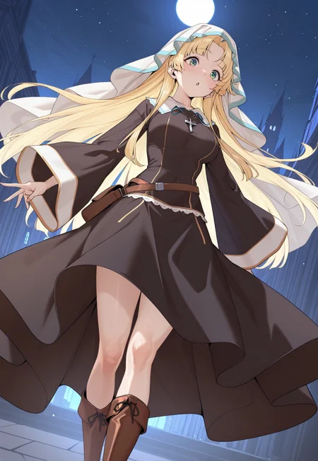 KT180, masterpiece, absurdres, newest, best quality, perfect quality, absolutely eye-catching, dutch angle, night, moonlight BREAK
1girl, aaagto, blonde hair, very long hair, green eyes, white veil, cross necklace, white collar, black tunic, black dress, long sleeves, wide sleeves, brown boots, messenger bag BREAK
outdoors, cathedral