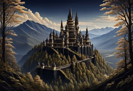 dw01-3400, ((score_9, score_8_up, score_7_up)), masterpiece, aesthetic, a majestic castle made out of, ebony, ivory, scrimshaw, bone carving, located on a mountain overlooking a forest