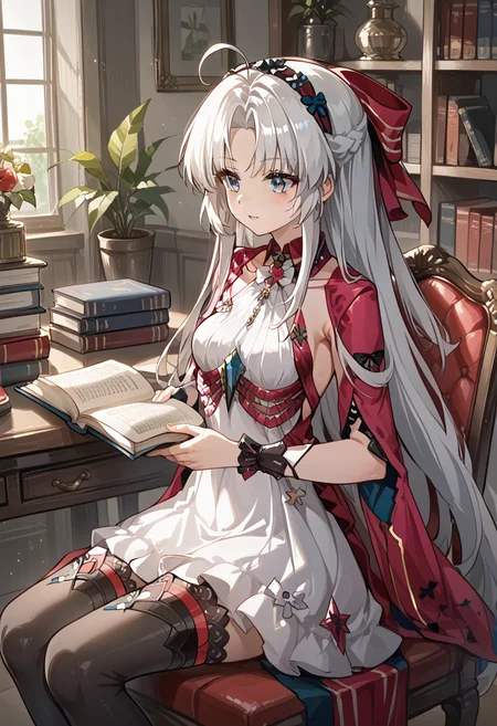 score_9, score_8_up, score_7_up, BREAK source_anime, (masterpiece), (best quality), 1girl, long hair, white hair, thighhighs, sitting on chair, ahoge, hair bow, hair down to floor, dress, (from front:0.6), (ultra detailed), shine, reading book, looking at book, indoors, upper body only, <lora:carlotta-V1:0.9>