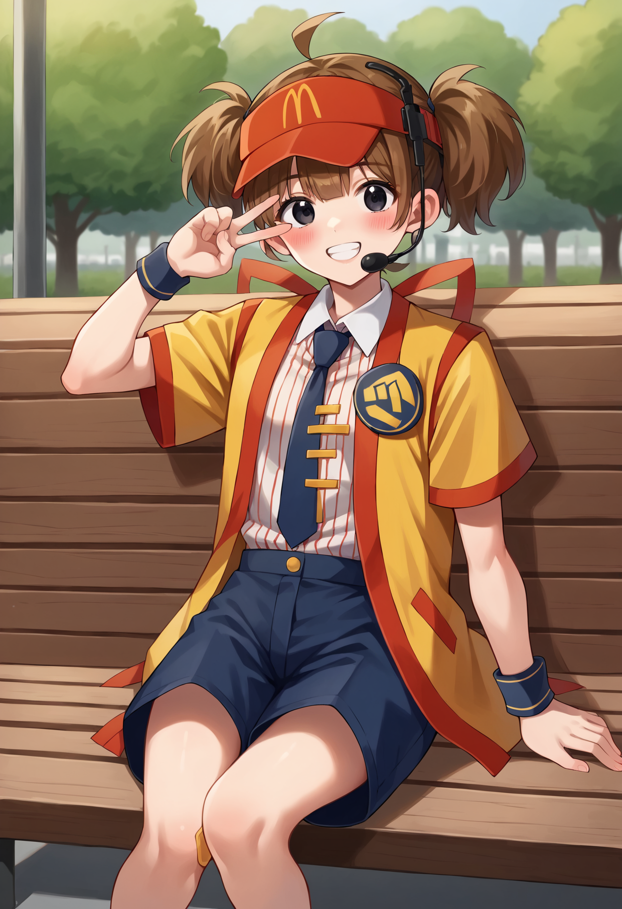 score_9, score_7_up, hd, (ultra hd quality details), source_anime, outdoors, 
1girl, solo, dctabemi, brown hair, short twintails, ahoge, black eyes,
visor cap, headset, jacket, open jacket, short sleeves, necktie, white shirt, striped shirt, collared shirt, blue shorts, wristband, bandaid on knee, 
looking at viewer, blush, smile, teeth, v,
park bench, on bench, park, sitting on bench,
 <lora:_dabuchi_tabemi-elesico-pony-000009:1>