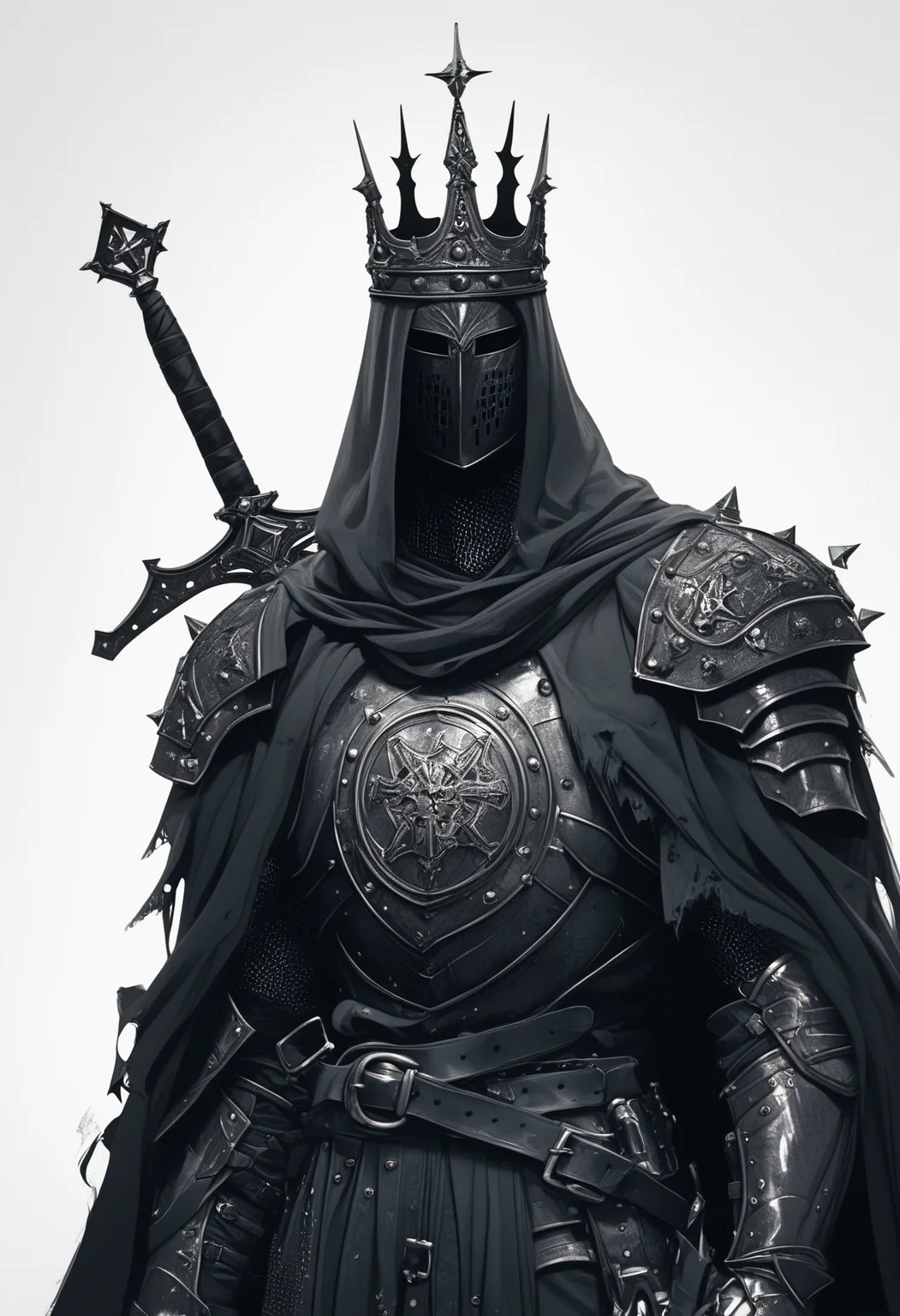 score_9, score_8_up, score_7_up, score_6_up, score_5_up, score_4_up,
<lora:ArmorSentinelV2:1>, arm0rs3nt1n3l,
templar, solo, looking at viewer, simple background, white background, 1boy, holding, standing, upper body, monochrome, male focus, weapon, cowboy shot, belt, hood, sword, holding weapon, cape, armor, torn clothes, holding sword, helmet, crown, shoulder armor, 1other, facing viewer, gauntlets, sheath, veil, cloak, hood up, pauldrons, sheathed, breastplate, weapon on back, knight, full armor, ambiguous gender, torn cape, helm, chainmail