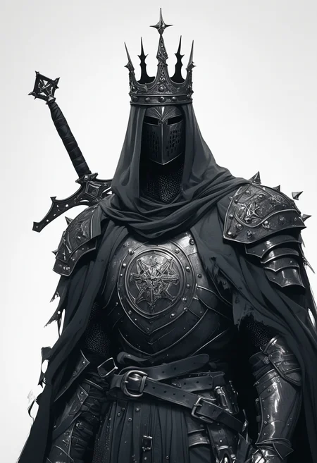 score_9, score_8_up, score_7_up, score_6_up, score_5_up, score_4_up,
<lora:ArmorSentinelV2:1>, arm0rs3nt1n3l,
templar, solo, looking at viewer, simple background, white background, 1boy, holding, standing, upper body, monochrome, male focus, weapon, cowboy shot, belt, hood, sword, holding weapon, cape, armor, torn clothes, holding sword, helmet, crown, shoulder armor, 1other, facing viewer, gauntlets, sheath, veil, cloak, hood up, pauldrons, sheathed, breastplate, weapon on back, knight, full armor, ambiguous gender, torn cape, helm, chainmail