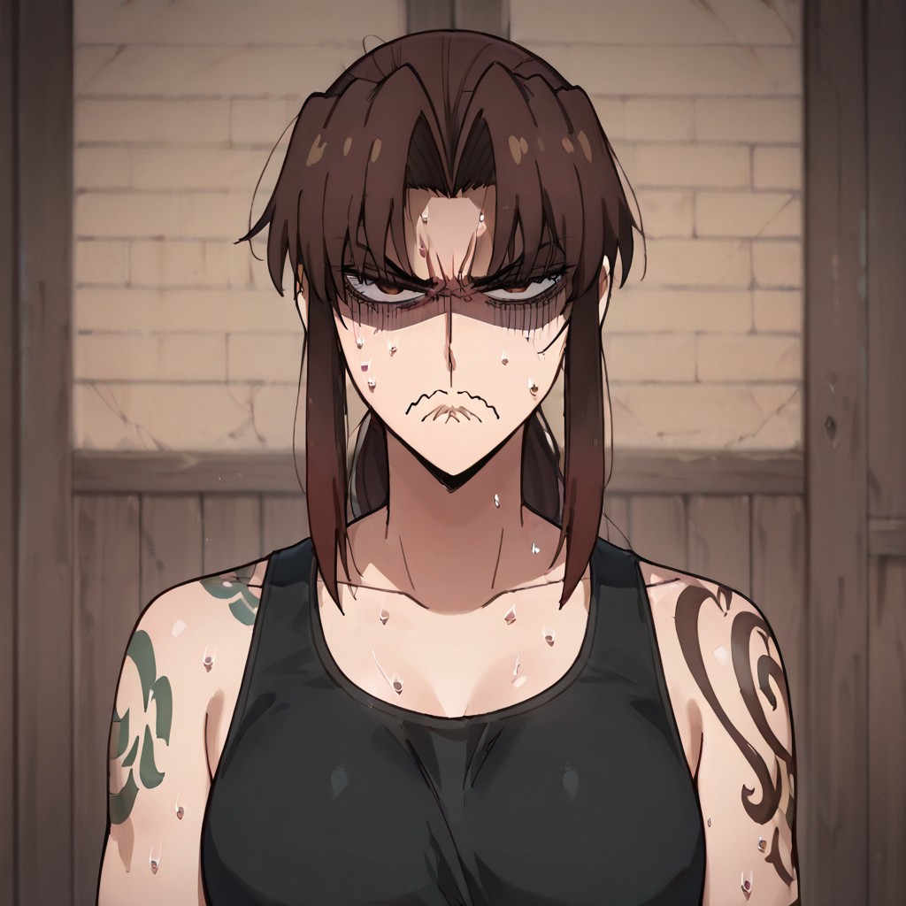 masterpiece, best quality, newest, absurdres, highres, anime, anime style, 
YorButthurtFaceIL-V1.0,
angry, annoyed, expressive, exxagerated exxpresion, frown, shaded face, wavy mouth, sweating profusuely,
1girl, revy_(black_lagoon), ponytail, black gloves, black tank top, tank top, tattoo, tribal tattoo, shoulder tattoo, crop top, brown eyes, brown hair,