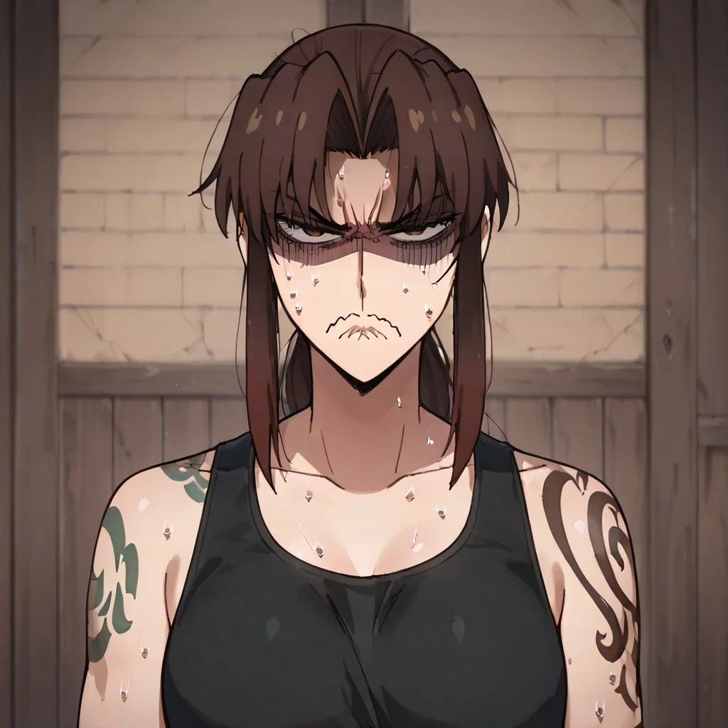 masterpiece, best quality, newest, absurdres, highres, anime, anime style,
YorButthurtFaceIL-V1.0,
angry, annoyed, expressive, exxagerated exxpresion, frown, shaded face, wavy mouth, sweating profusuely,
1girl, revy_(black_lagoon), ponytail, black gloves, black tank top, tank top, tattoo, tribal tattoo, shoulder tattoo, crop top, brown eyes, brown hair,