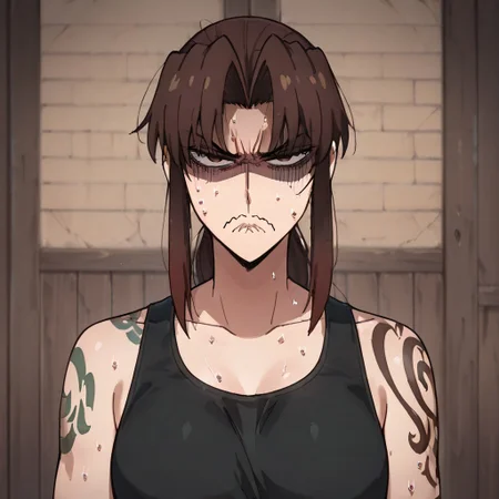 masterpiece, best quality, newest, absurdres, highres, anime, anime style,
YorButthurtFaceIL-V1.0,
angry, annoyed, expressive, exxagerated exxpresion, frown, shaded face, wavy mouth, sweating profusuely,
1girl, revy_(black_lagoon), ponytail, black gloves, black tank top, tank top, tattoo, tribal tattoo, shoulder tattoo, crop top, brown eyes, brown hair,