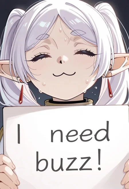 masterpiece,(best quality),highly detailed,ultra-detailed,
1girl, frieren, white hair, elf, closed eyes, :3, need_buzz, holding sign, upper body, close up, sweat