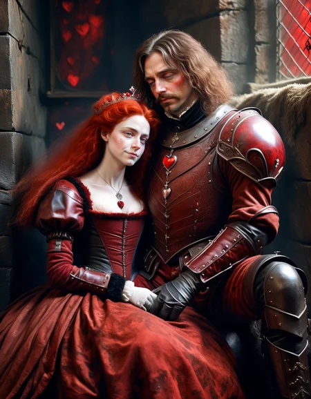 by Lewis Carroll, 30 year old red queen fictional character, cuddling with a poor, very hairy prince in old brown and black worn down leather armor, fantasy novel, made of ral-vltne <lora:ral-vltne-sdxl:0.75>