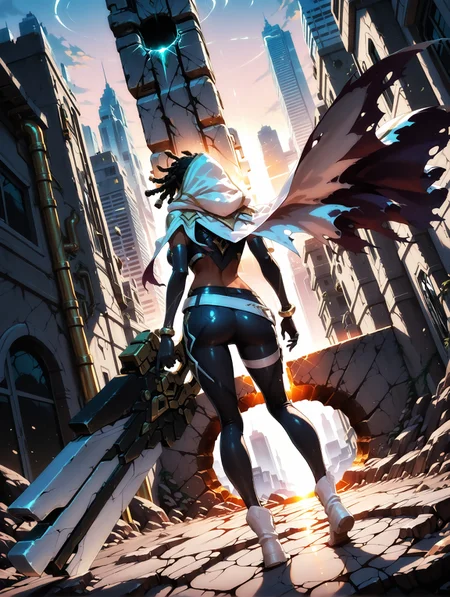 masterpiece, very aesthetic, best quality, solo, amazing quality, imtdsenna, 1girl, view from afar, shooting with her huge weapon, weapon, gun, white weapon, dynamic angle, from above, huge weapon, from behind, dynamic pose, motion, projectile trajectory, shooting at a building, building with a giant hole, detailed background, city, sunset, tremor, cracks in the ground, dark skin, dark skinned female, face away, dreadlocks, black hair, hood, earrings, crop top, pants, cape, gloves, braid, white belt, belt, elbow gloves, black gloves, white cape, torn cape, black pants, bracelet, fit body, full body, white boots, 