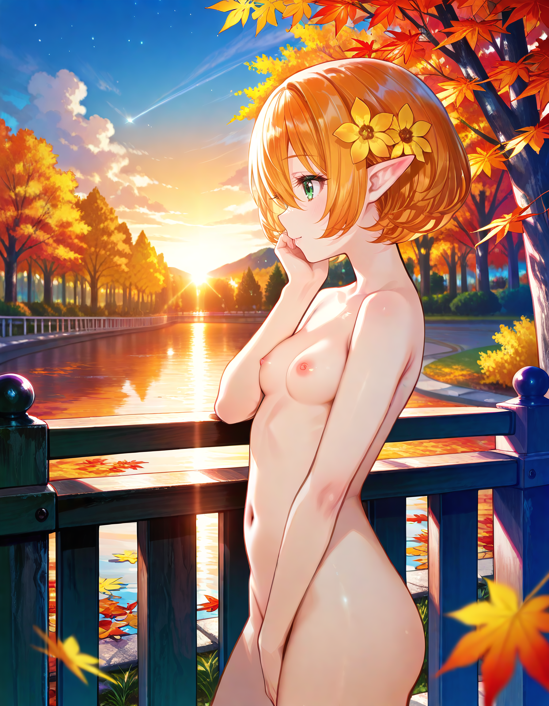 Smooth Quality <lora:michelle_IL:1> michelle, short hair, blonde hair, orange hair, hair flower, pointy ears, elf, green eyes, hair between eyes, yellow flower, aged down, small breasts, completeley nude, 1girl, cloud, cloudy_sky, cowboy_shot, evening, from_side, hand_on_own_cheek, hand_on_own_face, lens_flare, night, night_sky, outdoors, profile, railing, shooting_star, sky, solo, star_\(sky\), starry_sky, sunset, autumn_forest_walk, leaves_crunching_underfoot, colorful_foliage, crisp_air, seasonal_beauty, peaceful_tranquility, gentle_grin, (fuzichoco:1.2),, detailed eyes, detailed face, detailed skin <lora:DetailedEyes_V3:1> <lora:cfg_scale_boost:0.7> <lora:lightingSlider:1> late night (dark theme:1.1), <lora:SkindentationIL3.4_alpha16.0_rank32_full_400steps:4> <lora:ponyv6_noobE11_2_adamW:0.7>