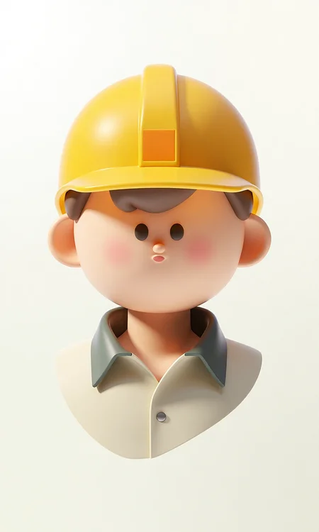 A 3D illustration of a worker's head icon wearing a hard hat