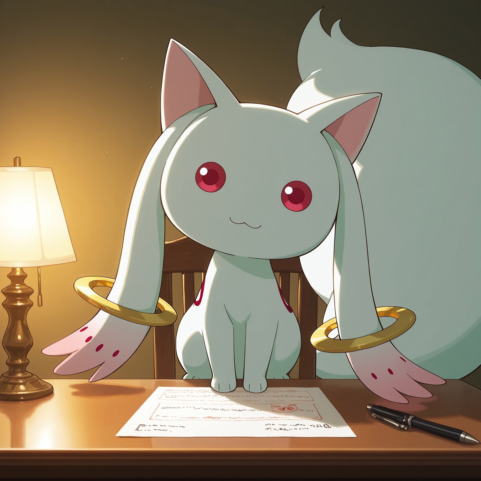Kyubey, 2D, solo, 1boy, male, feral, creature, four ears, pointy cat ears, pink inner ears, long ears with pink fade, golden rings on ears, white fur, red eyes, no sclera, circular eyes, large white tail, :3, 

BREAK sitting on chair, head tilt, indoors, table, table lamp, looking at viewer, contract on table, pen on table

BREAK best quality, amazing quality, very aesthetic, absurdres, newest, masterpiece, detailed, high quality, highres