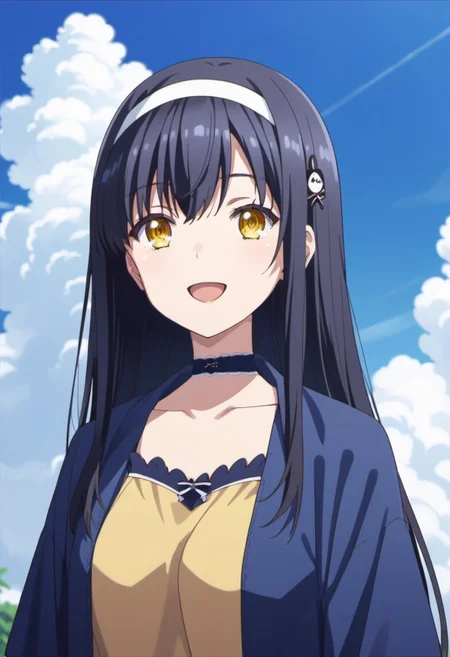 score_9, score_8_up, score_7_up, source_anime, kushima kamome, long hair, black hair, yellow eyes, 1girl, solo, sky, smile, hairband, hair ornament, cloud, open mouth, blue sky, day, anime coloring, choker, collarbone, outdoors