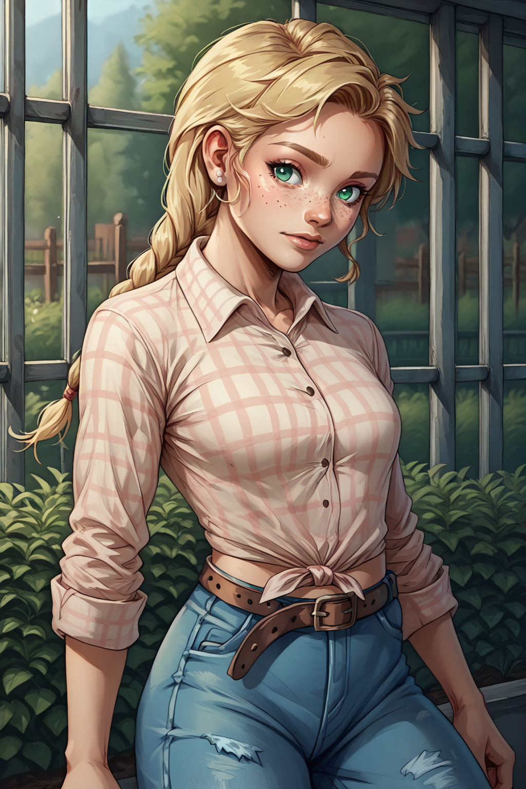 score_9, score_8_up,  <lora:NSEmilyPortia:1> NSEmilyPortia, green eyes, blonde hair, single braid, long hair, white earrings, stud earrings, freckles, plaid shirt, white collared shirt, pink pattern, jeans, torn jeans, brown belt, tied shirt, midriff