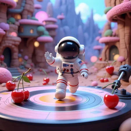 In the center of the picture, a small astronaut isrunning towards a giant game turntable, with asoft background. The scene looks like it wasrendered from inside a video game world, givingit a whimsical feel, adding depth to theillustration in the style of video games, c4dblender, oc renderer, colorful clay style, Ulillustration design, Ul interface concept. Thecharacter is smiling and waving happily, as ifsaying hello. There is also a small cherry flowelnext to it. ,fashion magazine, photo-realistioportrait, 3D rendering, cute version, colorful, highresolution, high details, high quality