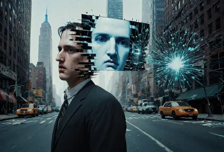 A man's head splits into planar segments floating over New York city, seeing visions of pasts lost in enigmatic phantoms and faces of light. A schizophrenic ultra-violence of static CRT enigmatic tesseraction and impossible topology.