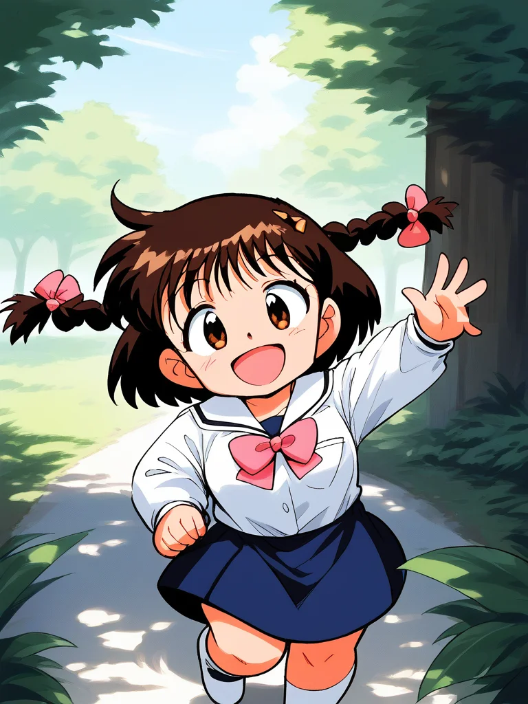 score_9, score_8_up, score_7_up, source_anime, rating_explicit, BREAK <lora:Shinba_Kurumi_XL:0.9>Shinba_Kurumi, brown hair, brown eyes, twin braids, hair bow, pink bow, short hair, short stack, 
long sleeve, skirt, smile,
outdoor, day,