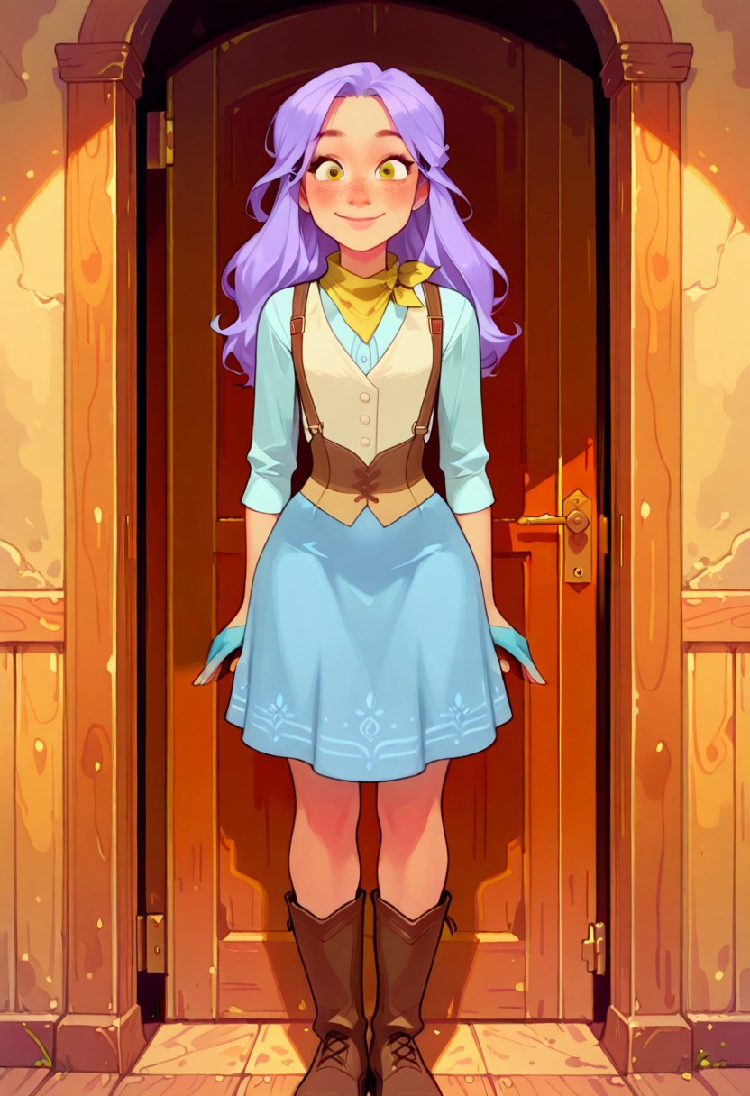 score_9, score_8_up, score_7_up, score_6_up, imogen temult, 25 year old, source_western
cyan dress, cream vest, long purple hair, freckles, yellow scarf, bare legs, ((long)) blue skirt, boots, suspenders, half gloves, long hair
1 girl, standing, inside, cowboy shot, smile
easynegative
ExpresHGothicNeonIncase
4s0r4,