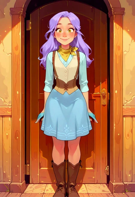 score_9, score_8_up, score_7_up, score_6_up, imogen temult, 25 year old, source_western
cyan dress, cream vest, long purple hair, freckles, yellow scarf, bare legs, ((long)) blue skirt, boots, suspenders, half gloves, long hair
1 girl, standing, inside, cowboy shot, smile
easynegative
ExpresHGothicNeonIncase
4s0r4,