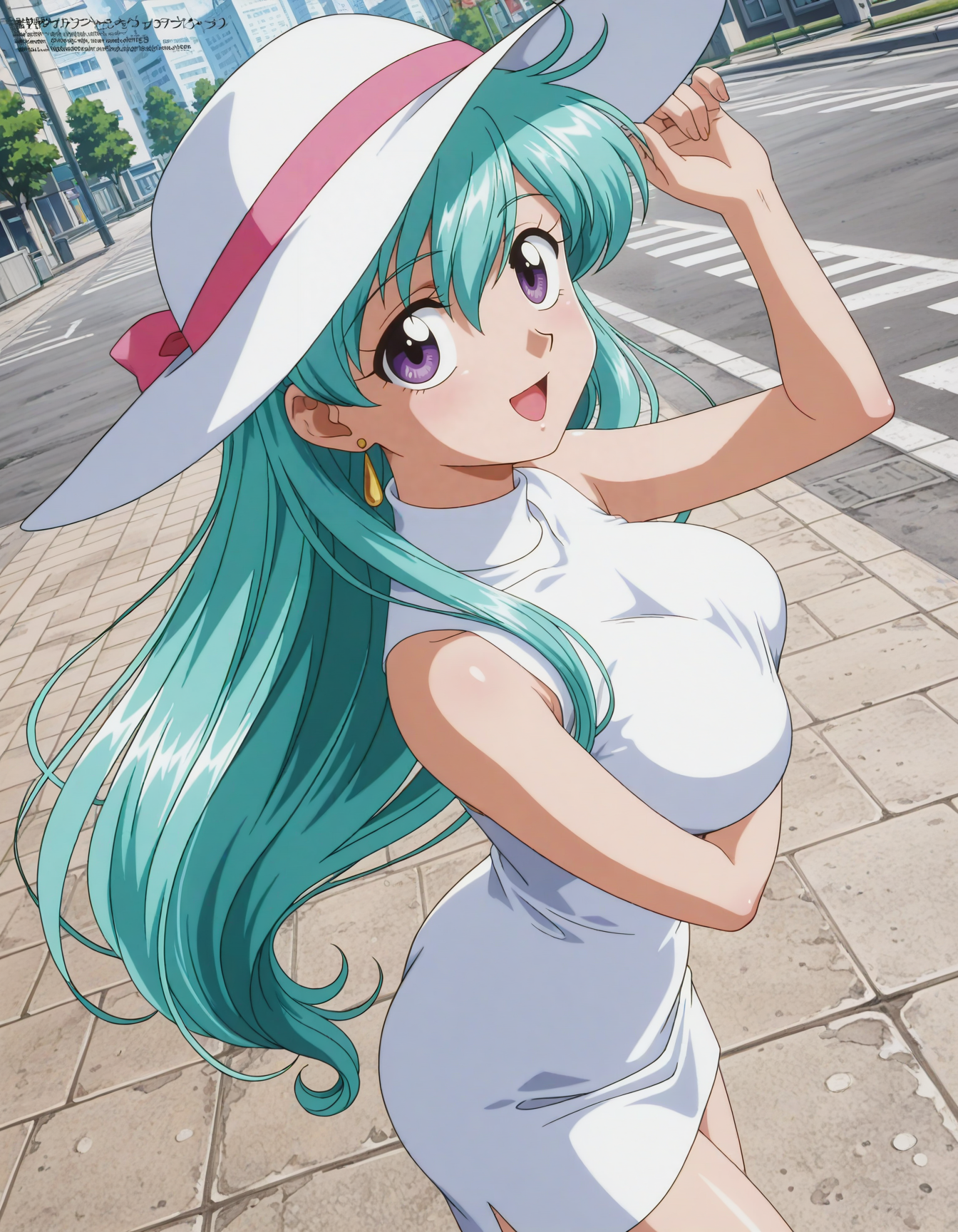 anime artwork <lora:Hyper-SDXL-8steps-lora:1>,
masterpiece,best quality,highres,source_anime,anime screencap,anime coloring,megami magazine,sidelighting,shiny luminous,shiny skin,
city, outdoors, crosswalk, hand in own hat, sunlight, day, 
(dutch angle:1.5), open mouth, from side, from above, (breast focus:1.5), 
<lora:yat_katsura_IL:1>
1girl,solo,
yat katsura, yat katsura_wd, long hair, looking at viewer, smile, skirt, hat, jewelry, standing, blue hair, purple eyes, earrings, green hair, sleeveless, miniskirt
,aqua hair, (white turtleneck:1.5), white skirt, pencil skirt, white sun hat, (bow:-1.5) . anime style, key visual, vibrant, studio anime,  highly detailed