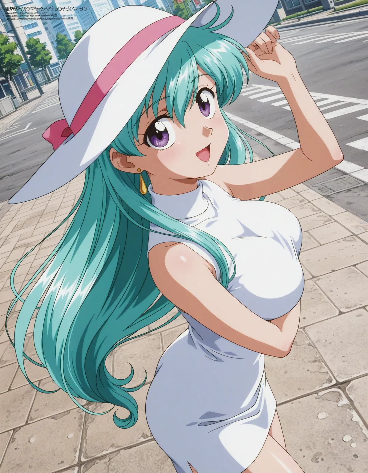anime artwork <lora:Hyper-SDXL-8steps-lora:1>,
masterpiece,best quality,highres,source_anime,anime screencap,anime coloring,megami magazine,sidelighting,shiny luminous,shiny skin,
city, outdoors, crosswalk, hand in own hat, sunlight, day, 
(dutch angle:1.5), open mouth, from side, from above, (breast focus:1.5), 
<lora:yat_katsura_IL:1>
1girl,solo,
yat katsura, yat katsura_wd, long hair, looking at viewer, smile, skirt, hat, jewelry, standing, blue hair, purple eyes, earrings, green hair, sleeveless, miniskirt
,aqua hair, (white turtleneck:1.5), white skirt, pencil skirt, white sun hat, (bow:-1.5) . anime style, key visual, vibrant, studio anime,  highly detailed