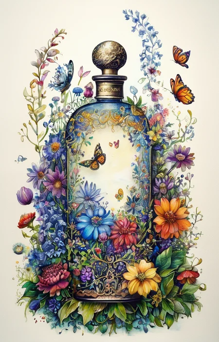 masterpiece,best quality,<lora:tbh237-sdxl:0.8>,illustration,style of  Johanna Basford A bottle of perfume in garden