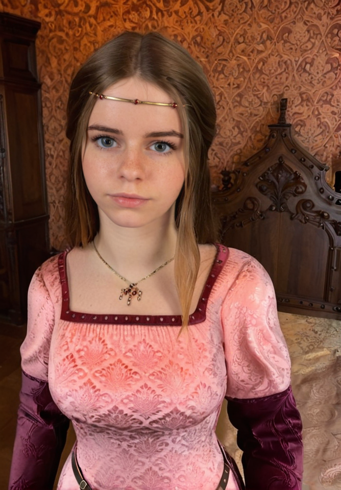 instagram photo, front view, portrait photo of a 19 year old woman, <lora:Rosa_Ruthard-1:1>, (medium breasts), wearing a noble medieval dress, standing next to a bed, in a royal bedroom, high detail, beautiful face