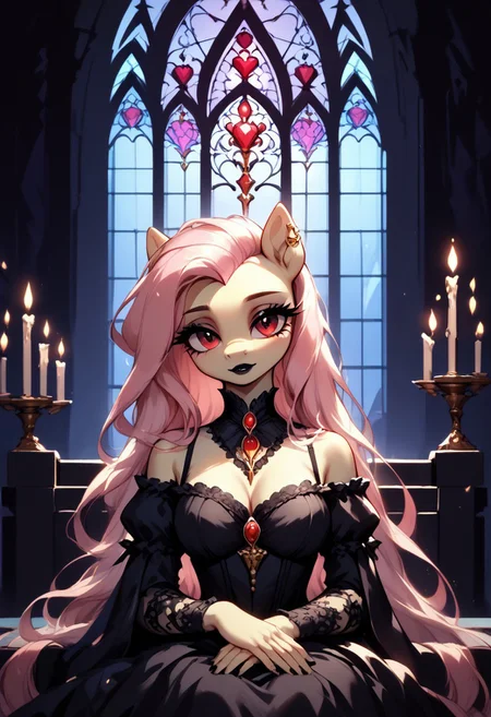 core_9, score_8_up, score_7_up, score_5_up, source_anime, ((masterpiece)), ((best quality)), (high detail), (ultra detail), Fluttershy, anthro, pony, large expressive eyes, flowing mane, elegant gothic dress, seductive gaze, red eyes, black lipstick, slender body, delicate muzzle, long flowing tail, sitting on a throne, gold jewelry, candlelight, moonlight streaming through tall gothic windows, dimly lit gothic castle, complex background, divine rays, warm atmosphere, dramatic shadows, intimate lighting, cinematic composition, (close-up) shot of face and upper body, mysterious aura, ethereal beauty, fantastic lighting
