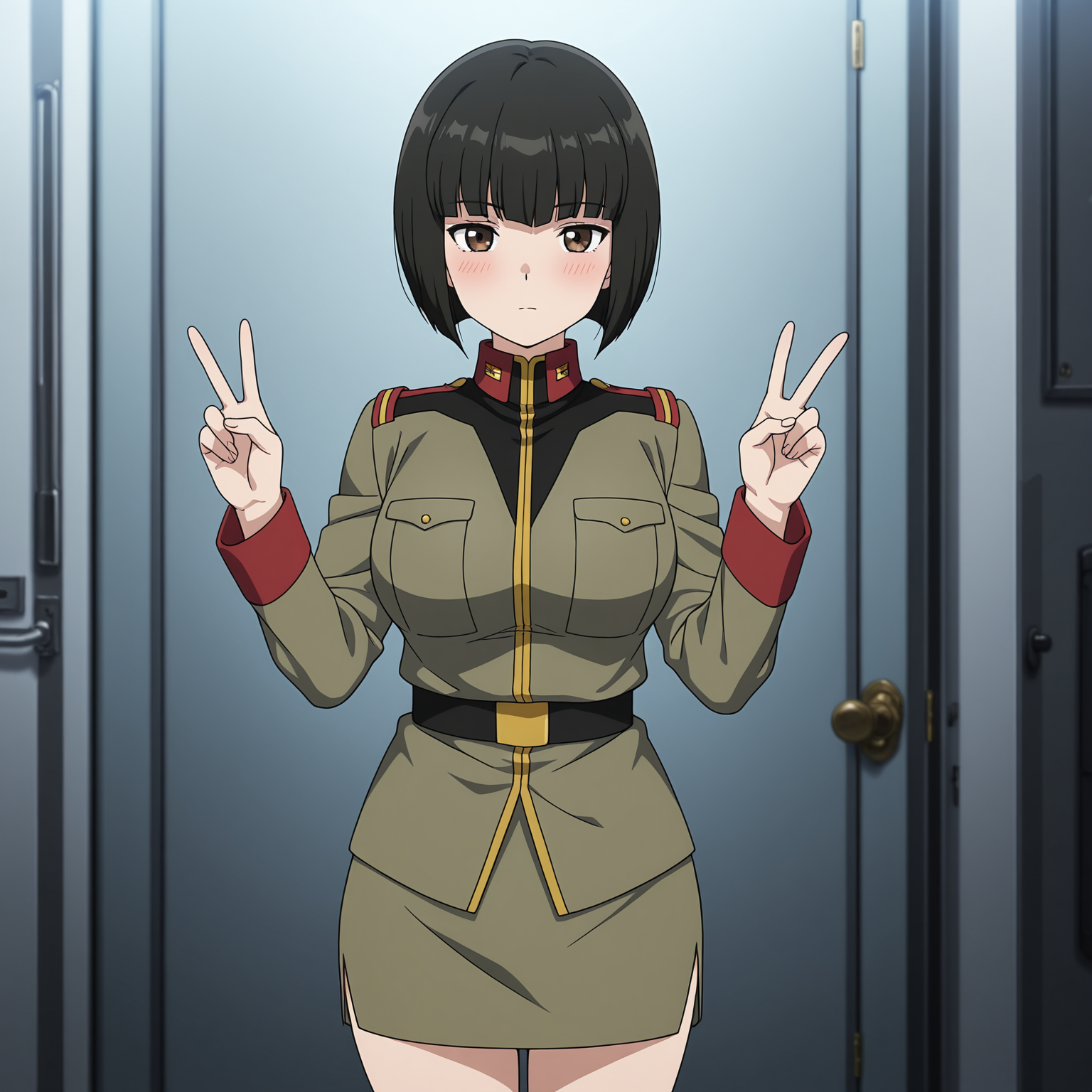 masterpiece, best quality, amazing quality, anime screencap, 1girl, solo, standing, cowboy shot, double v, blush, expressionless, <lora:AblesSecretaryUC:0.9>, AblesSecretaryUC, black hair, short hair, blunt bangs, bob cut, brown eyes, large breasts, military uniform, pencil skirt,