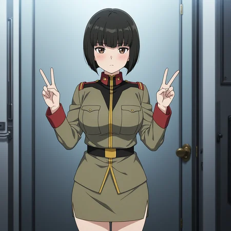 masterpiece, best quality, amazing quality, anime screencap, 1girl, solo, standing, cowboy shot, double v, blush, expressionless, <lora:AblesSecretaryUC:0.9>, AblesSecretaryUC, black hair, short hair, blunt bangs, bob cut, brown eyes, large breasts, military uniform, pencil skirt,
