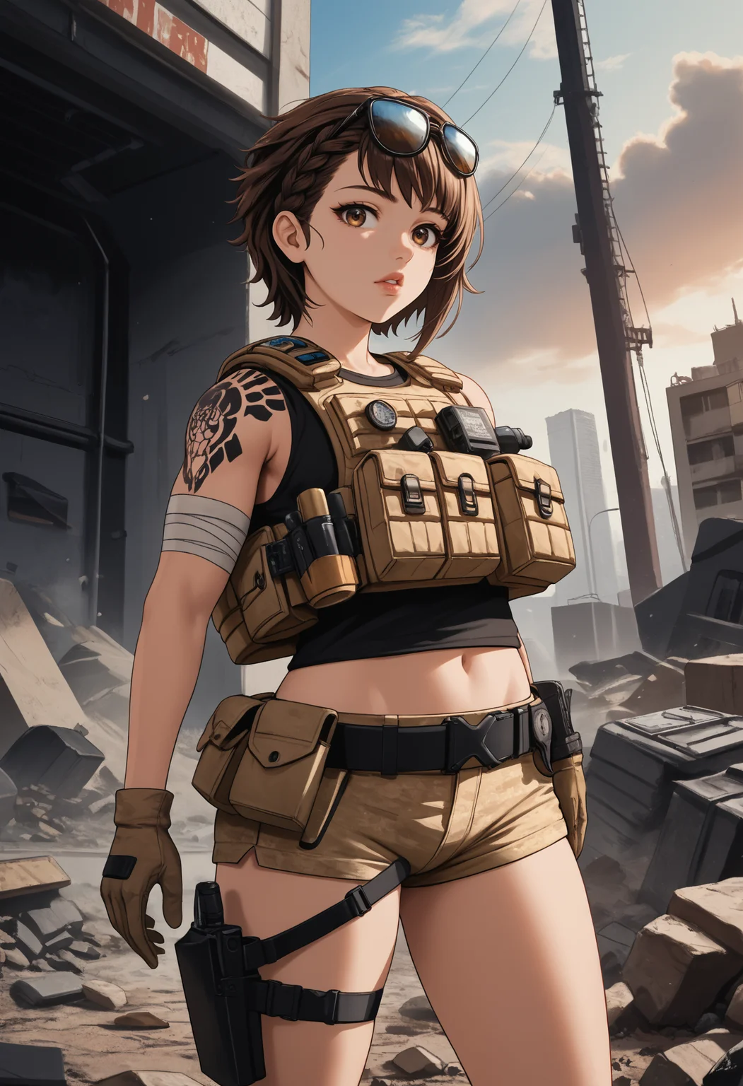 score_9, score_8_up, score_7_up, source_anime BREAK 1girl, solo,  <lora:delta-nikke-richy-v1_pdxl:0.9> dltnkk, brown eyes, brown hair, short hair, braid, eyewear on head, shoulder tattoo, load bearing vest, bulletproof vest, bandaged arm, gloves, bandaged leg, short shorts, brown shorts, side boob, standing, looking at viewer, parted lips, thighs, military, tactical clothes, belt pouch, outdoors, cloudy sky, concrete, post-apocalypse, midriff, holster, lips