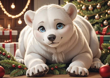 score_9, score_8_up, score_7_up, score_6_up, score_5_up, score_4_up, detailed, realistic, illustration, 8k, polar bear cubs playing around a decorated christmas tree (cute furry feral:1.2), source_furry <lora:Animal_Christmas:0.8> animal christmas
