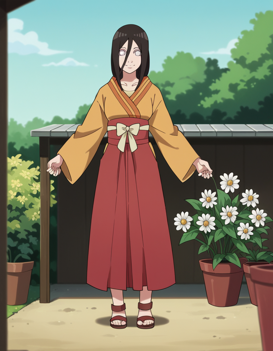 score_9, score_8_up, score_7_up, source_anime, <lora:hanabi-hyuuga-boruto-anime-ponyxl-lora-nochekaiser:1>, hanabi hyuuga, long hair, black hair, hair between eyes, white eyes, no pupils,, skirt, long sleeves, japanese clothes, kimono, sandals, hakama, orange kimono, red hakama,, gardening, watering plants, backyard, flowers blooming, sunny day,, smile, looking at viewer, hand shaking hands, solo,, cowboy shot, dutch angle
