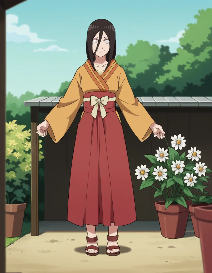 score_9, score_8_up, score_7_up, source_anime, <lora:hanabi-hyuuga-boruto-anime-ponyxl-lora-nochekaiser:1>, hanabi hyuuga, long hair, black hair, hair between eyes, white eyes, no pupils,, skirt, long sleeves, japanese clothes, kimono, sandals, hakama, orange kimono, red hakama,, gardening, watering plants, backyard, flowers blooming, sunny day,, smile, looking at viewer, hand shaking hands, solo,, cowboy shot, dutch angle