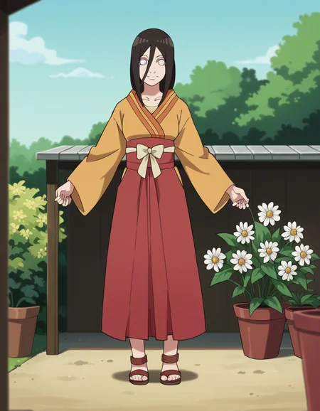 score_9, score_8_up, score_7_up, source_anime, <lora:hanabi-hyuuga-boruto-anime-ponyxl-lora-nochekaiser:1>, hanabi hyuuga, long hair, black hair, hair between eyes, white eyes, no pupils,, skirt, long sleeves, japanese clothes, kimono, sandals, hakama, orange kimono, red hakama,, gardening, watering plants, backyard, flowers blooming, sunny day,, smile, looking at viewer, hand shaking hands, solo,, cowboy shot, dutch angle