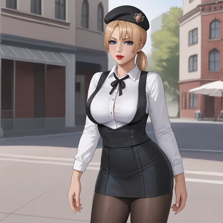 <lora:sonyamk9_pony_v1:.8>  SonyaBladeMK9, 1girl, blue eyes, large breasts, short blonde hair, ponytail, lipstick,eyeshadow, cowboy shot,  <lora:0902 Home wear 5_v1_pony:1> ruanyi0902,beret,black ribbon,collared shirt,black pantyhose,high-waist skirt,white shirt,suspenders