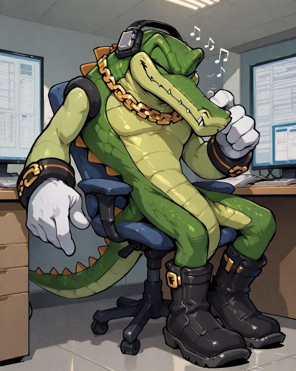 r3h0, very awa, masterpiece, best quality, absurdres, newest, perfect quality, detailed background, intricate details, vector the crocodile, headphones, gold chain necklace, white gloves, black boots, candid, run-down office, leaning in desk chair, listening to music, eyes closed,