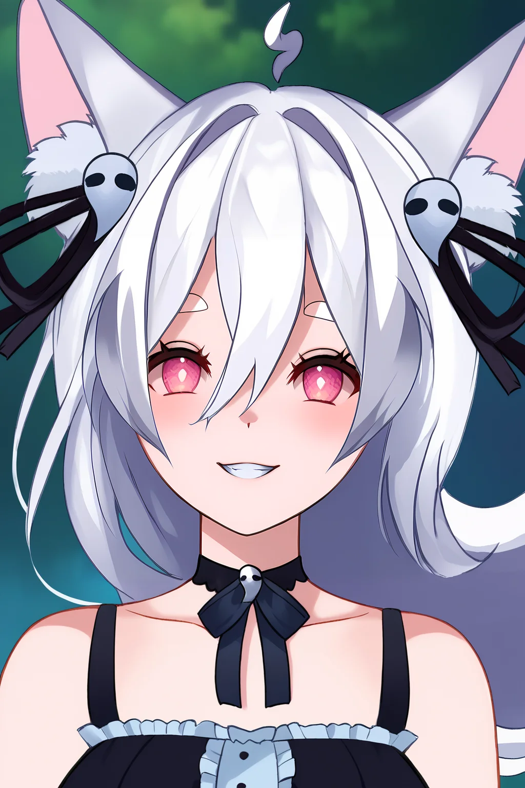 score_9, score_8_up, score_7_up, score_6_up, BREAK, PookyBooVTPXLv2, pink eyes, white hair, long hair, hair between eyes, hair ornament, ahoge, animal ears, animal ear fluff, black choker, medium breasts, bare shoulders, black ribbon, black dress, solo, front view, (portrait, upper body), solo focus, seductive smile, looking at viewer, forest <lora:PookyBooVTPXLv2:1>
