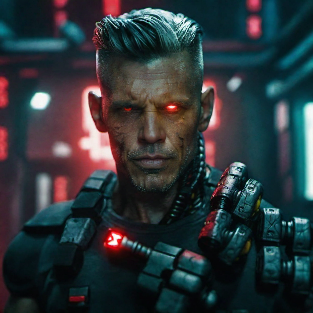 Cable1024, a man with a robotic arm and a red glowing eye, powerfull, cyberpunk background, highly detailed, photography, ultra sharp, film, bokeh, professional, 64k     <lora:lcm_lora_sdxl:1> <lora:Cable1024:0.8>