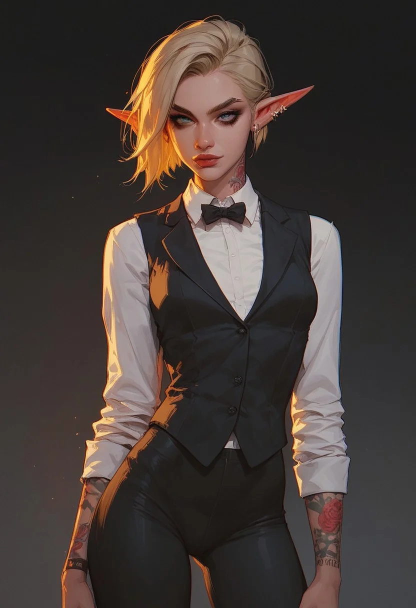 score_9, score_8_up, score_8_up, cute 18yo girl, elf, slender, blonde hair, short hair, yakuza tattoos, small breasts, suit vest, tight pants,