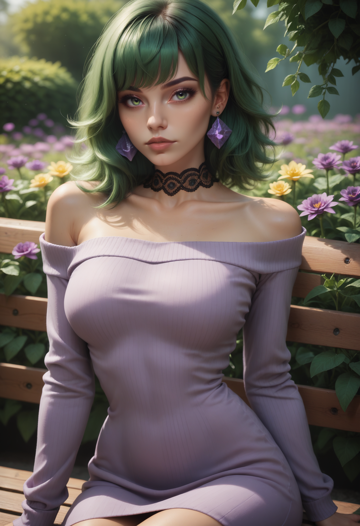score_9, score_8_up, score_7_up,
1girl, solo, sexy sweater dress, purple dress, long sleeves, bare shoulders, lace choker, amethyst earrings, sitting on bench, flower garden,
 <lora:Dark_Sylvie_Pony_v0.1:0.5> d4rksylv13, bangs, green hair, green eyes,