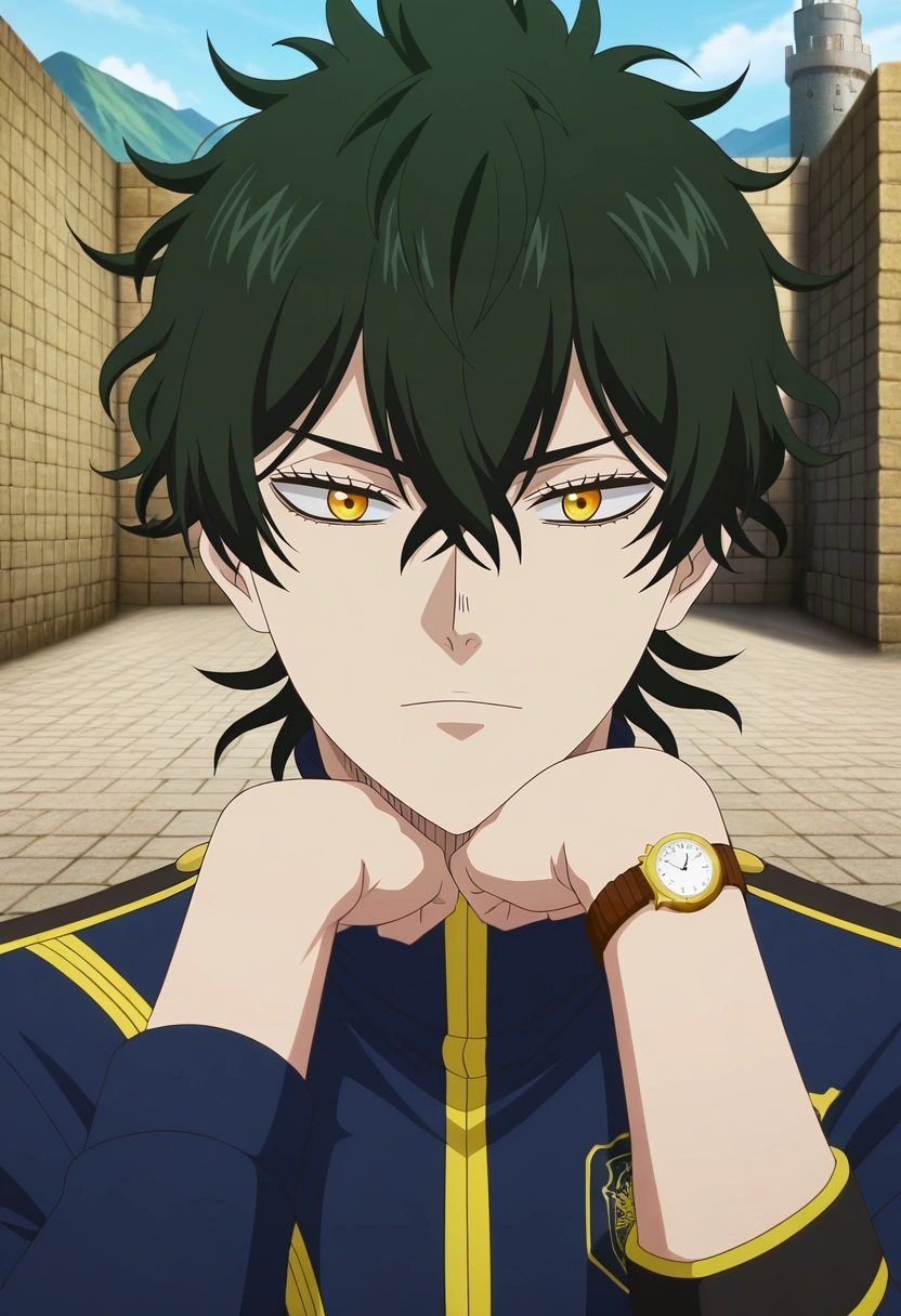 masterpiece, best quality, intricate details, anime screencap, anime coloring, , , 1boy, solo, male focus, <lora:yuno_black_clover_ilxl:0.92>, yuno_black_clover, black hair, yellow eyes, short hair, hair between eyes, , mountain fortress, stone walls, watch towers, training grounds, guard pose, vigilant expression, afternoon,