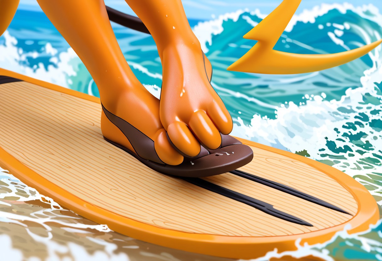 score_9, score_7_up, source_furry, rating_safe, solo,  <lora:POKEMON_RAICHU_r1:1> raichu, pokemon, brown toes, brown feet, tan soles, pokemon (creature), 3 toes, foot focus, feet style, foot style, water, surfing, feet on surfboard, wet on feet, close-up