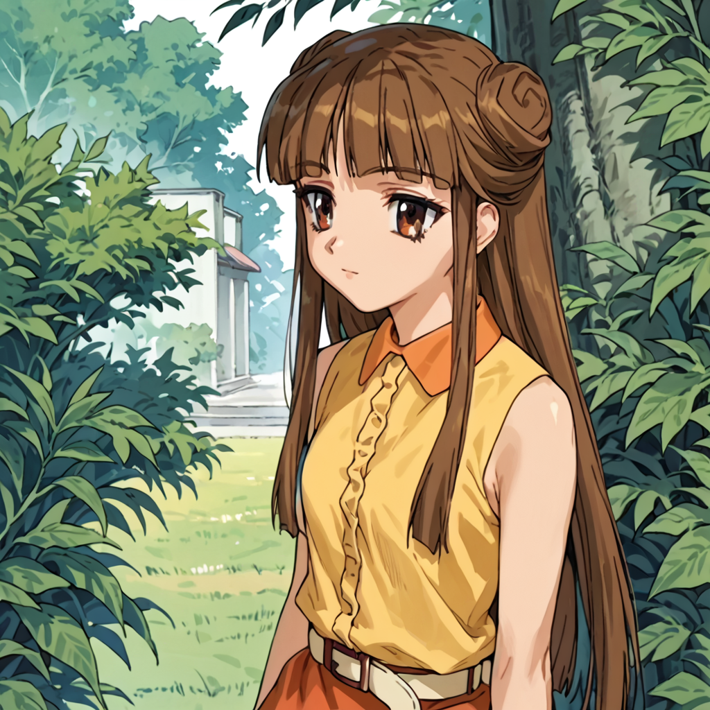 score_9, score_8_up, score_7_up, score_6_up, outdoors, <lora:Uruka_Sumeragi_ç_ããã_-_Steel_Angel_Kurumi_2_é¼éå¤©ä½¿ããã¿2å¼:1> uruka sumeragi, uruka, 1girl, solo, brown hair, long hair, blunt bangs, side locks, double bun, brown eyes, outfit-F, Yellow blouse, Sleeveless shirt, Orange collar, Belt accessory, Red skirt,