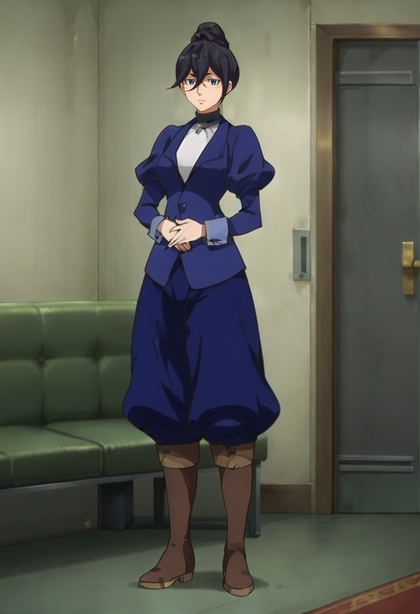 score_9,score_8_up,score_7_up,anime coloring BREAK source_anime,anime,<lora:Fumitan_Admoss_ORPHANS_Pony:0.8>,fumitan,1girl,solo,blue eyes,black hair,single hair bun,hair between eyes,glasses,turtleneck,blue jacket,juliet sleeves,blue pants,brown boots,standing,hand on belly,indoors,Guest Room,couch,looking_at_viewer,