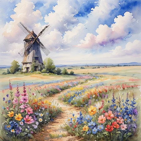 masterpiece, best quality, <lora:add-detail-xl:1> <lora:ArsMJStyle_-_Watercolor_SD_1.5_Pony:0.8> ArsMJStyle, Watercolor A field of wildflowers in full bloom, with a distant windmill and fluffy clouds in the sky.
