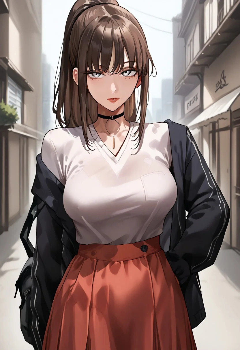 score_9, score_8_up, score_7_up, score_6_up, 1girl, micchan, mature women, older women, medium hair, side-swepped bangs, brown hair, ponytail, grey eyes, medium breasts, pale skin, solo, alone, pullover, skirt, stockings