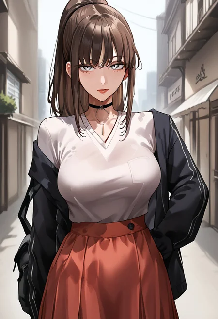 score_9, score_8_up, score_7_up, score_6_up, 1girl, micchan, mature women, older women, medium hair, side-swepped bangs, brown hair, ponytail, grey eyes, medium breasts, pale skin, solo, alone, pullover, skirt, stockings