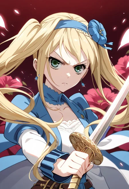 score_9, score_8_up, score_7_up, source_anime, ELIZABETH MIDFORD, LONG HAIR, TWIN TAILS,
1girl, solo, long hair, blonde hair, hair ornament, holding, twintails, jewelry, green eyes, weapon, flower, hairband, earrings, sword, hair flower, serious